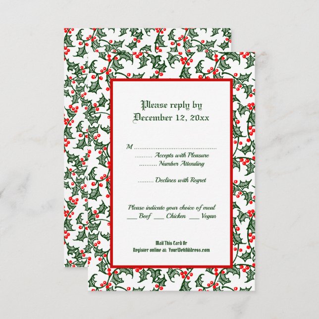 Tarjeta de respuesta editable Green Holly Holiday  (Anverso / Reverso)