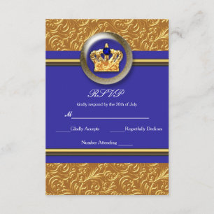 Tarjeta de respuesta elegante corona dorada y azul