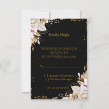 Tarjeta de respuesta elegante de boda floral negra