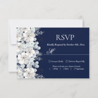 tarjeta de respuesta flor blanca sakura azul marin