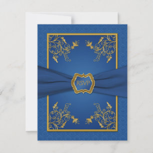 Tarjeta de respuesta floral azul Damasco y dorada