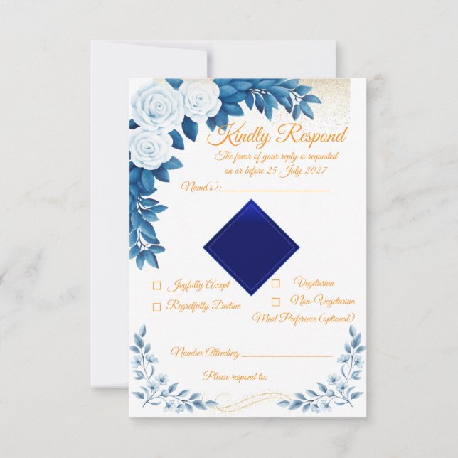 Tarjeta de respuesta floral azul elegante (Anverso)