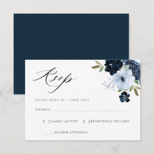 tarjeta de respuesta floral azul marino y azul cla