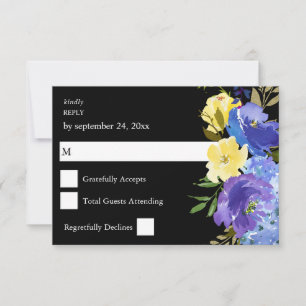 Tarjeta de respuesta floral azul púrpura y amarill