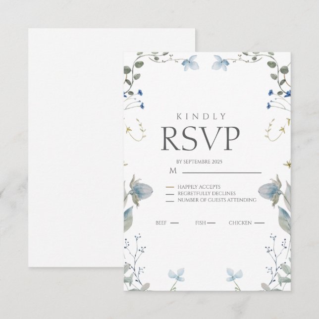 Tarjeta de respuesta floral azul simple (Anverso / Reverso)