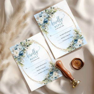 Tarjeta de respuesta floral azul y blanco elegante