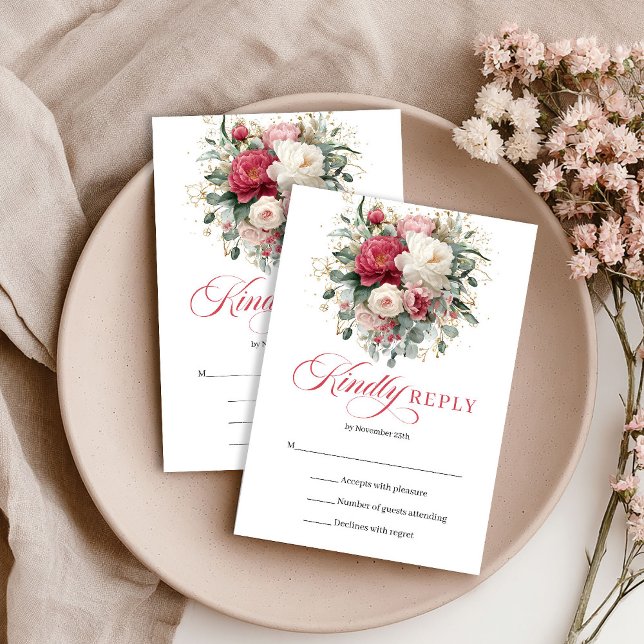 Tarjeta de respuesta floral boho romántica con ton (Romantic Boho Floral Red Blush RSVP Enclosure)