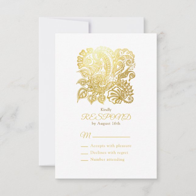 Tarjeta de respuesta floral de oro elegante (Anverso)