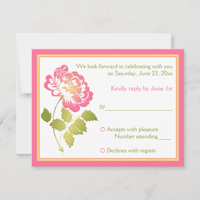 Tarjeta de respuesta floral de peonía rosa, verde, (Anverso)