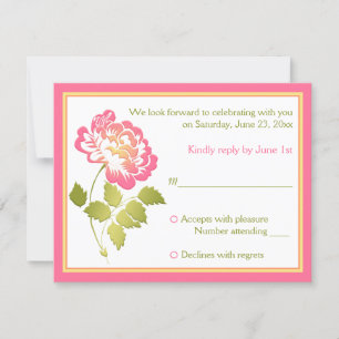 Tarjeta de respuesta floral de peonía rosa, verde,