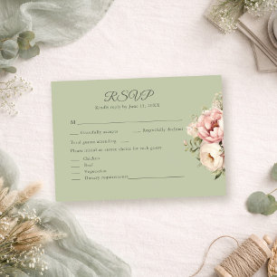 Tarjeta de respuesta floral de peonía verde salvia
