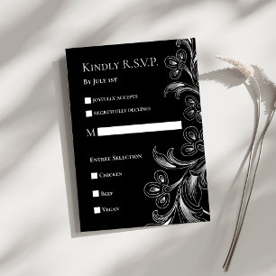 Tarjeta de respuesta floral elegante en blanco y n