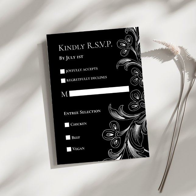 Tarjeta de respuesta floral elegante en blanco y n (Black and White Floral Elegant Wedding RSVP Response Card)