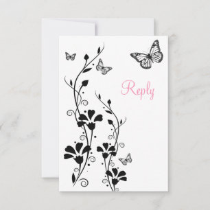 Tarjeta de respuesta floral en blanco y negro con