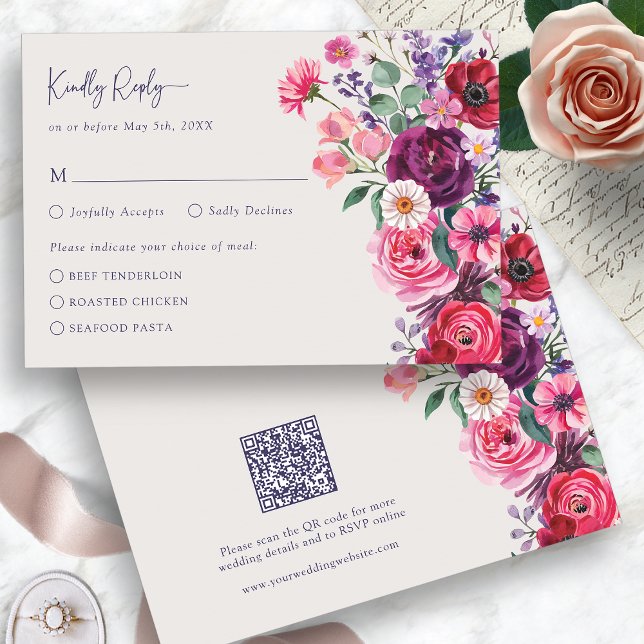 Tarjeta de respuesta floral en negrita (Bold Jewel Tone Watercolor Floral RSVP Card with QR Code by Painted Paperie
)