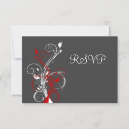 Tarjeta de respuesta floral gris, roja y blanca