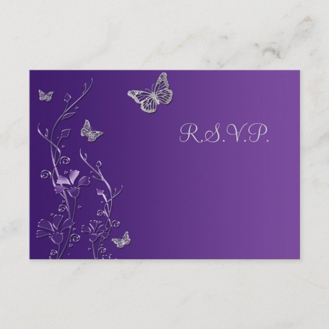 Tarjeta de respuesta floral morada y gris con mari (Anverso)