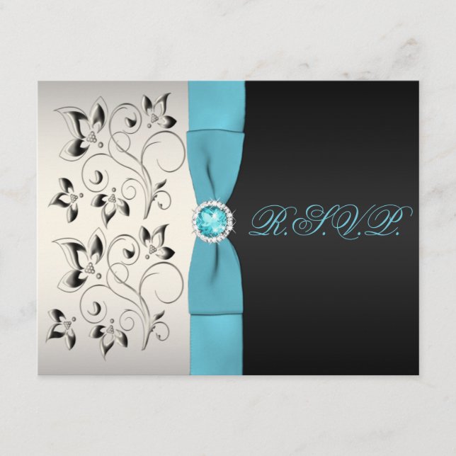 Tarjeta de respuesta floral negra RIBBON Silver Aq (Anverso)