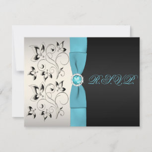 Tarjeta de respuesta floral negra RIBBON Silver Aq