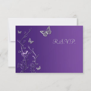 Tarjeta de respuesta floral púrpura y gris con mar