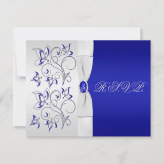 Tarjeta de respuesta floral real azul y plata