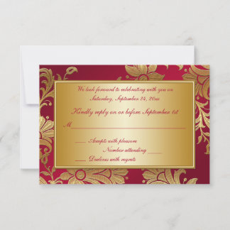 Tarjeta de respuesta floral roja y dorada