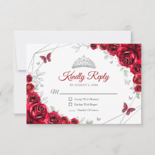 Tarjeta de respuesta floral roja y plateada para Q