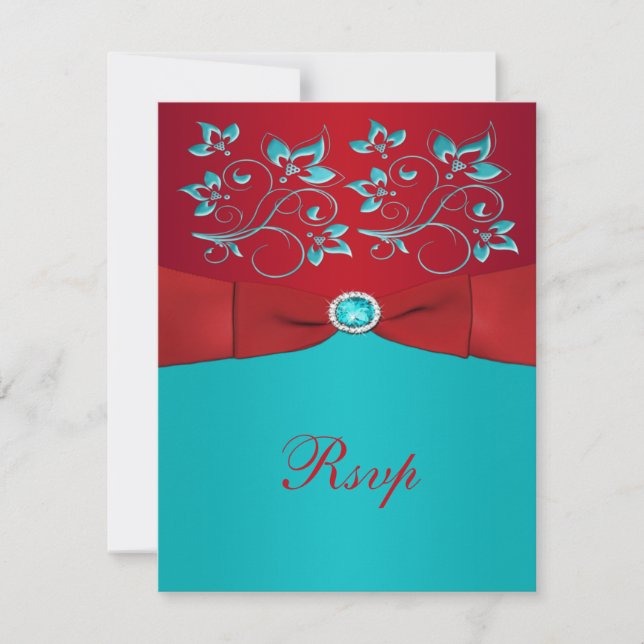 Tarjeta de respuesta floral roja y turquesa (Anverso)