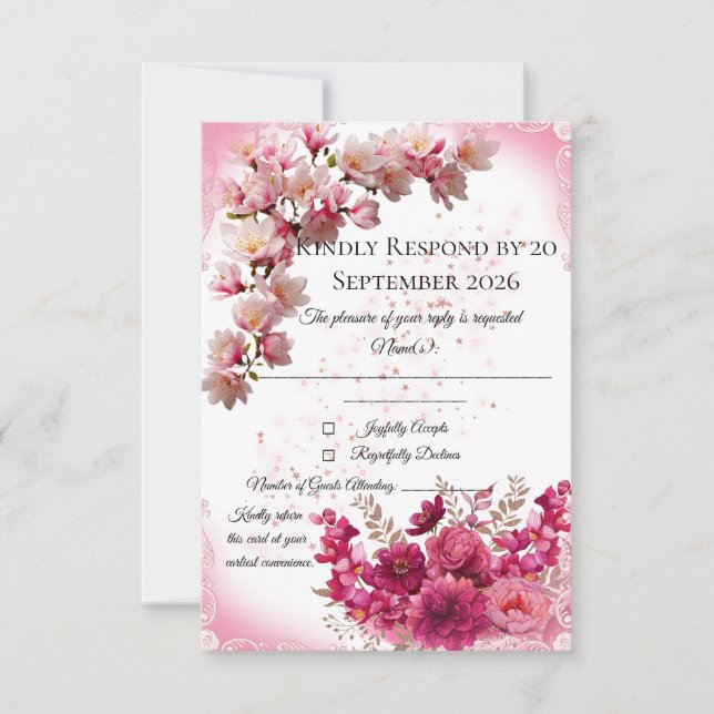 Tarjeta de respuesta floral rosa sobre blanco (Anverso)