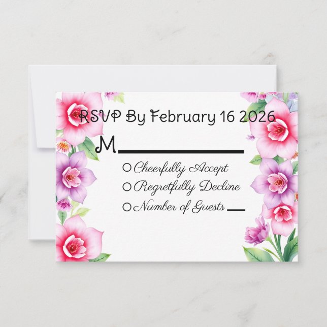 Tarjeta de respuesta floral rosa y púrpura (Anverso)