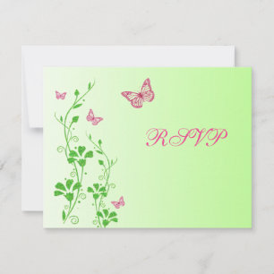Tarjeta de respuesta floral rosa y verde con marip