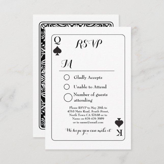Tarjeta de respuesta jugando RSVP boda K Q As Pica (Anverso / Reverso)