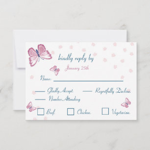 tarjeta de respuesta mariposas rosadas azul marino