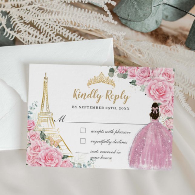 Tarjeta de respuesta Mis 15 Eiffel París Flores Ro (Subido por el creador)