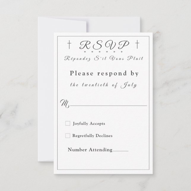 Tarjeta de respuesta monogramada blanca Faux-Satin (Anverso)