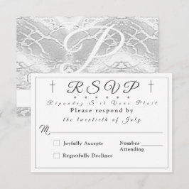 Tarjeta de respuesta monogramada blanca Faux-Satin