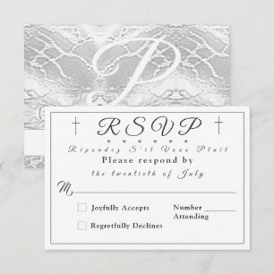 Tarjeta de respuesta monogramada blanca Faux-Satin