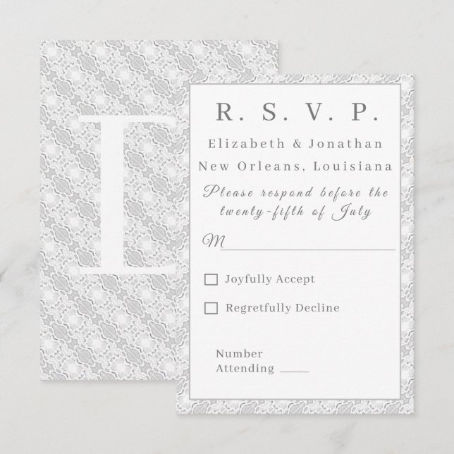 Tarjeta de respuesta monogramada católica de encaj (Anverso / Reverso)