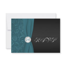 Tarjeta de respuesta monogramada de damasco azul v