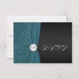 Tarjeta de respuesta monogramada de damasco azul v