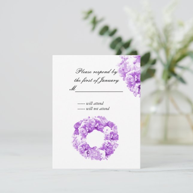 Tarjeta de respuesta morada monocromática de flore (Anverso de pie)