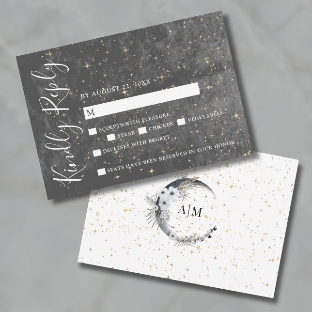 Tarjeta de Respuesta para Boda Celestial Crescent  (Crescent Moon Gold Celestial Wedding RSVP Card)
