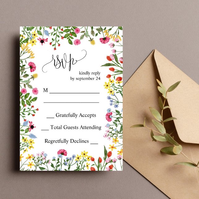 Tarjeta de Respuesta para Boda de Flores Silvestre (Elegant colorful wildflower wedding RSVP card makes guest replies simple with vibrant floral style)