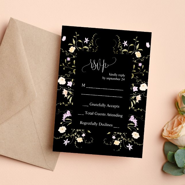 Tarjeta de Respuesta para Boda de Flores Silvestre (Black white elegant wildflower wedding RSVP card helps couples collect replies gracefully.)