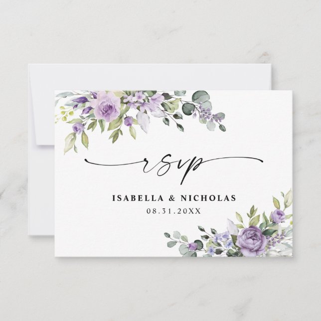 Tarjeta de Respuesta para Boda de Flores Violetas  (Anverso)