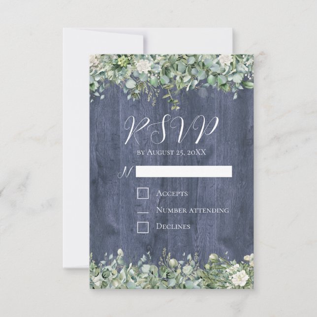 Tarjeta de respuesta para boda de Navy Wood Eucaly (Anverso)