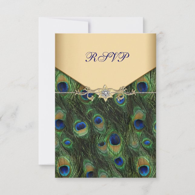 Tarjeta de respuesta para boda de pavo real con or (Anverso)