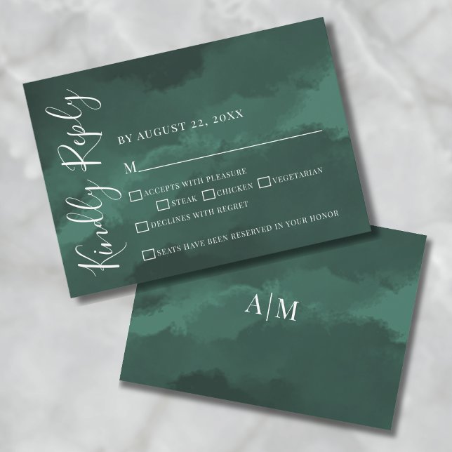 Tarjeta de respuesta para boda Esmeralda Verde (Simple Elegant Watercolor Green Wedding RSVP Card)