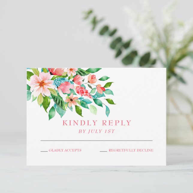 Tarjeta de respuesta para boda tropical (Anverso de pie)
