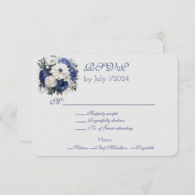 Tarjeta de respuesta para Bouquet Boda Floral Azul (Anverso / Reverso)